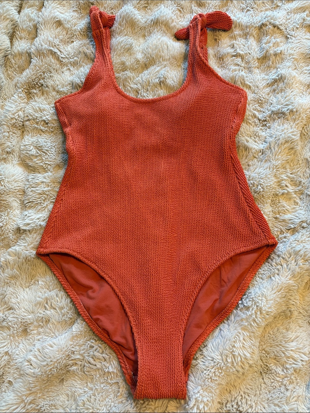 Kona Sol women’s orange Rust Textured One-Piece Swimsuit with Tie Straps medium